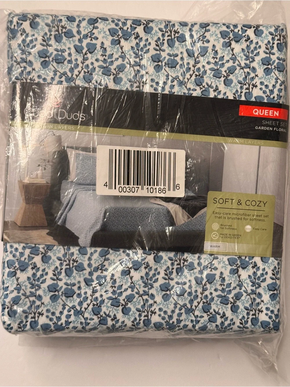 Cuddl Duds Blue Floral Cotton Queen 4pc Sheet Set